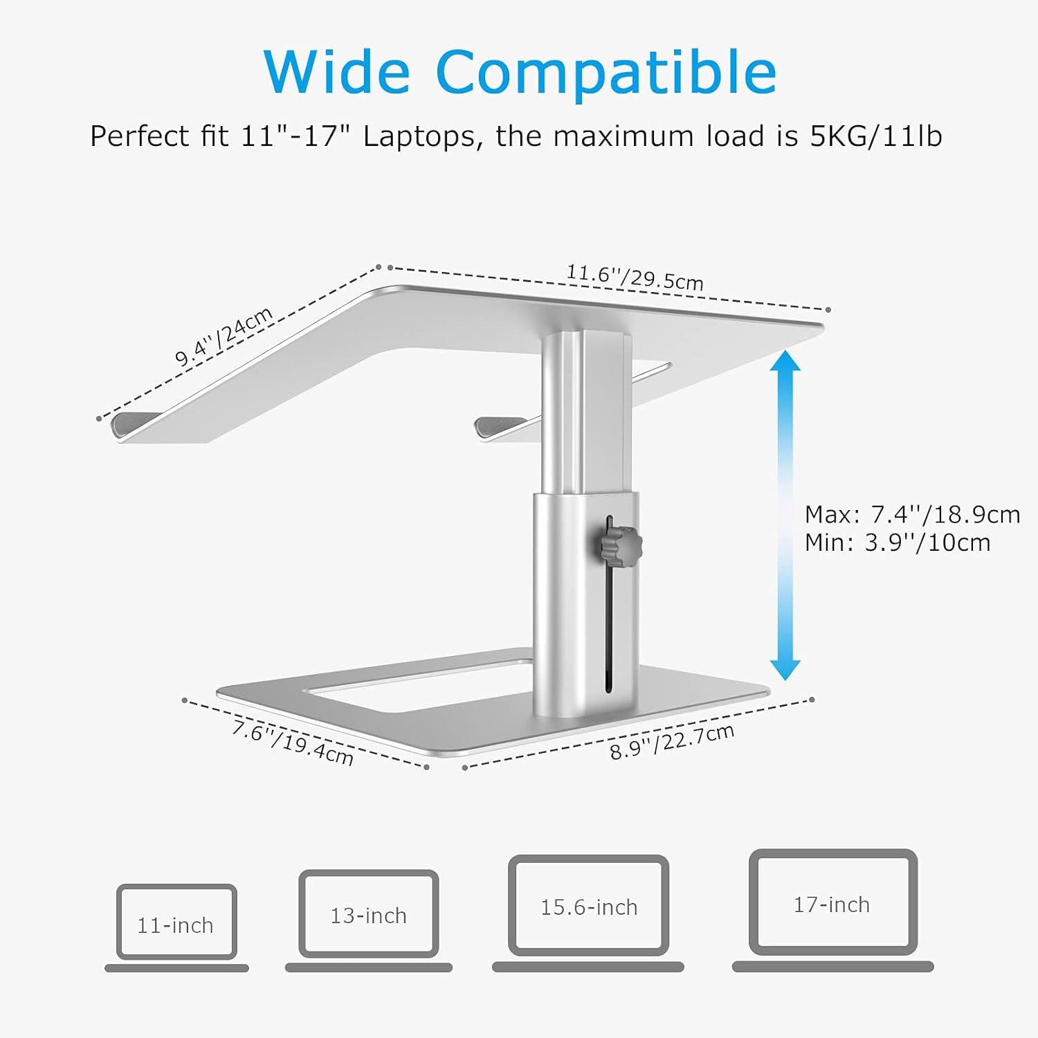 Ergonomic Aluminum Laptop Stand, Height Adjustable Riser for 11-17" Laptops, Compatible with MacBook Pro/Air, Dell, Lenovo, HP, Samsung, and More